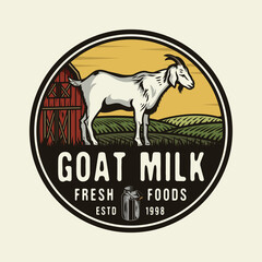 Goat in green field livestock farming badge design