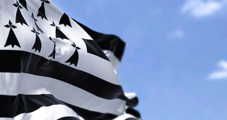 Rear view of the Brittany flag waving in the wind on a clear day. - obrazy, fototapety, plakaty
