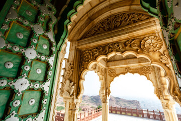 Ornate doors and entrance of the Jaswant Thada cenotaph  in Jodhpur, Rajasthan, India