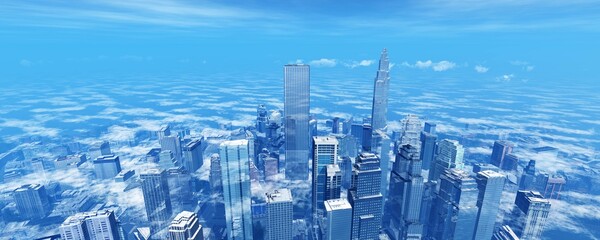 Morning city in a haze, skyscrapers in a foggy haze, a city in the rays of the morning sun, 3d rendering