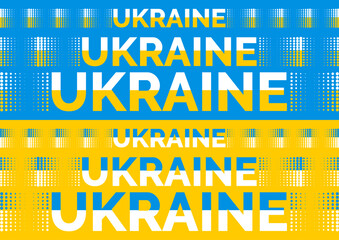 Ukrainian flag with words "Ukraine" and dots. Doted ribbons. Pattern, poster, post, banner, print. Protest, parade.