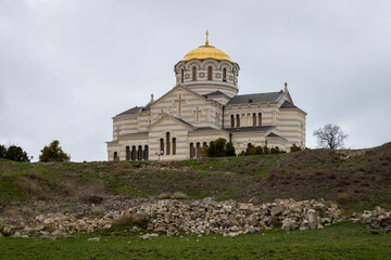 Chersonesus Cathedral (Saint Vladimir Cathedral). View of a large stone Orthodox church on the territory of the ancient city of Chersonesus. Landmark of the Crimean peninsula. Sevastopol, Crimea.