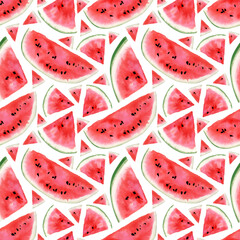 Seamless watercolor watermelon pattern. Summer background with slice of watermelon berries for textile and summer decor