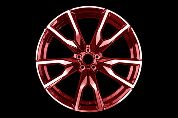 Red car alloy wheel isolated on black background. New alloy wheel for a car on a black background....