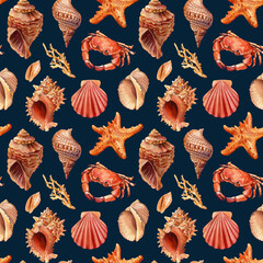 Seamless pattern with starfish, crab, shells. Dark blue background for wallpaper. Watercolor illustration