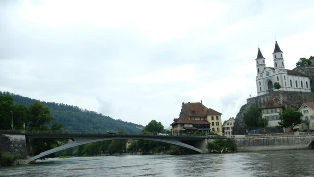 A panning footage with noise effect of Aarburg Castle with Aare river insight during raining time. Aarburg Castle is a castle in the municipality of Aarburg in the canton of Aargau in Switzerland.