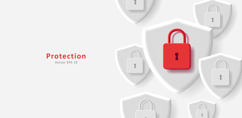 Web background with red padlock and 3d white shields, digital protection illustration. Vector illustration - obrazy, fototapety, plakaty
