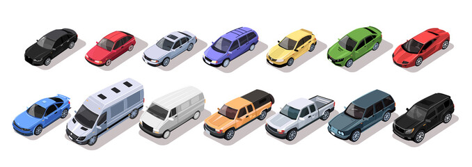 Set of isometric city cars with collection bus, sedan, universal, hatchback, pickup, truck, coupe, sport car, suv, minivan isolated on white background. Colorful vehicles showroom. Vector illustration - obrazy, fototapety, plakaty