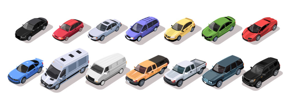 Set of isometric city cars with collection bus, sedan, universal, hatchback, pickup, truck, coupe, sport car, suv, minivan isolated on white background. Colorful vehicles showroom. Vector illustration