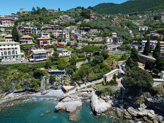 Colorful hillside homes in the gorgeous city of Camogli, Italy.