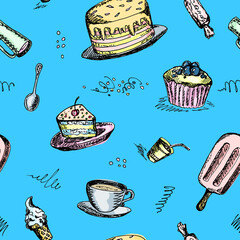 Sweet food painting, seamless pattern with dessert, cake, candy etc on vibrant blue background