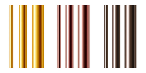 A set of of copper, cast iron, brass or gold pipes of various diameters. Realistic vector illustration isolated on white background.