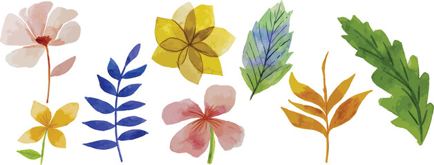 Watercolor painting of Orange flowers and colorful leaves in nature,watercolor background,2d illustration