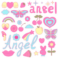 Vector illustration set from y2k vibe. Nostalgia for the 2000 years. Heart, star, mushroom, apple, strawberry, watermelon, flowers, rainbow, cloud, butterfly, hare, lip, cherry, lettering angel