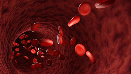 Blood cells under a microscope, 3d render. Blood cells, on the background of veins. Concept of medicine or donor's day.