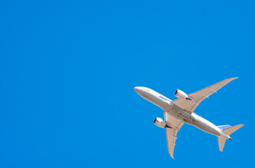 青空を飛ぶ飛行機とコピースペース