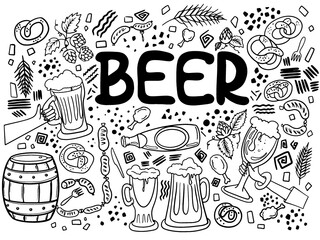 Outline vector Beer banner illustration. Hand drawn doodles of  beer snacks. Line artwork of beer, sausages, bread, wheat. Funny beer lettering.