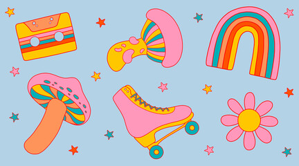 Groovy vector sticker pack, icons, design elements with 1970 vibe: сassette, rainbow, mushrooms, rollers, daisy aind stars in bright colors.