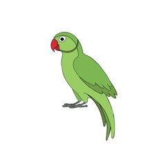 Cartoon green the indian ring-necked parakeet parrot hand drawn isolated on a white background. Flat design. Vector illustration.