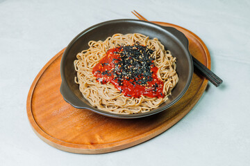 bibim memil makguksu, Korean style spicy buckwheat noodles