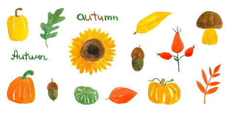 Watercolor set of autumn leaves and pumpkins.