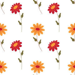 Vector seamless pattern with flowers - stylized chrysanthemums. Illustration in orange, red and green colors.