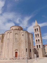 Fototapeta na wymiar City of Zadar, Croatia, June 01.,2022., View of Saint Donat church against white and blue sky 
