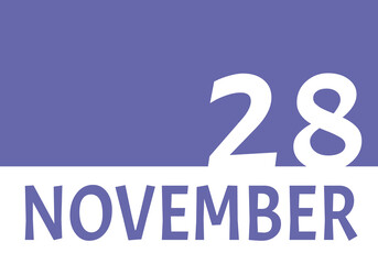 28 november calendar date with copy space. Very Peri background and white numbers. Trending color for 2022.