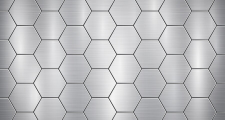 Naklejka premium Abstract metallic background in gray colors with highlights, consisting of voluminous convex hexagonal plates