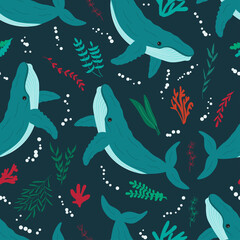Naklejka premium Seamless pattern whales with seaweed on dark blue background. Backdrop for wallpaper, print, textile, fabric, wrapping. Vector illustration