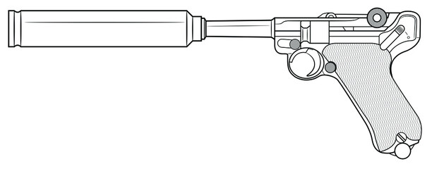 Vector illustration of the P08 Luger automatic pistol with silencer on the white background