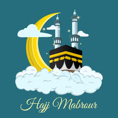 Hajj Mabrour Poster Design with Kaaba Building and Beautiful Clouds Free Vector