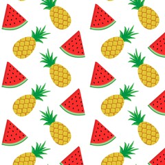 Vector seamless pattern with pineapple and watermelon on white background. Colorful tropical fruits for fabric, packaging, wallpaper, invitations.
