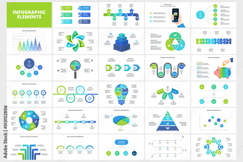 Poster Set of infographic presentation slides. Puzzles, timeline, arrows, flowchart and circle diagrams. Vector illustration for business data visualization.