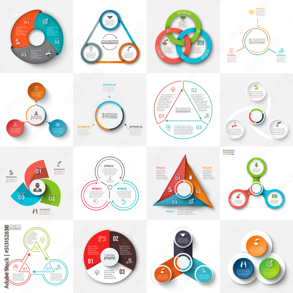 Fototapete big set of vector triangles, circles and other elements for infographic with 3 options.