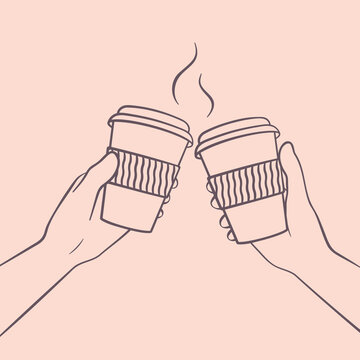 Cheers Coffee Paper Cups in outline style. Two hands holding hot takeaway coffee vector illustration.