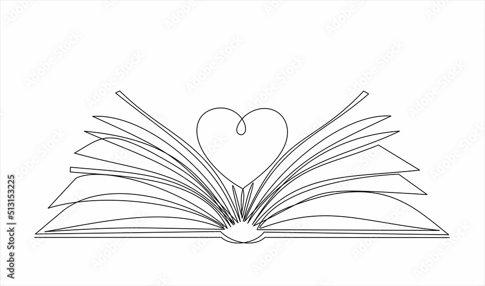 Poster open book and heart, continuous line vector illustration. one line vector drawing of a book and a he