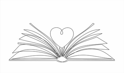 Open book and heart, continuous line vector illustration. one line vector drawing of a book and a heart, concept of love of reading. Black and white hand drawn image.