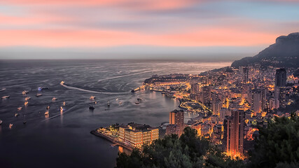 Principality of Monaco at sunset on the French Riviera
