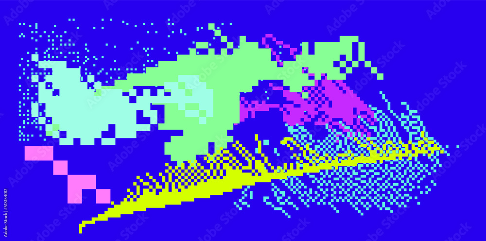 Poster Trendy vaporwave background with pixel art chaotic composition. Concept of a glitchy computer screen.