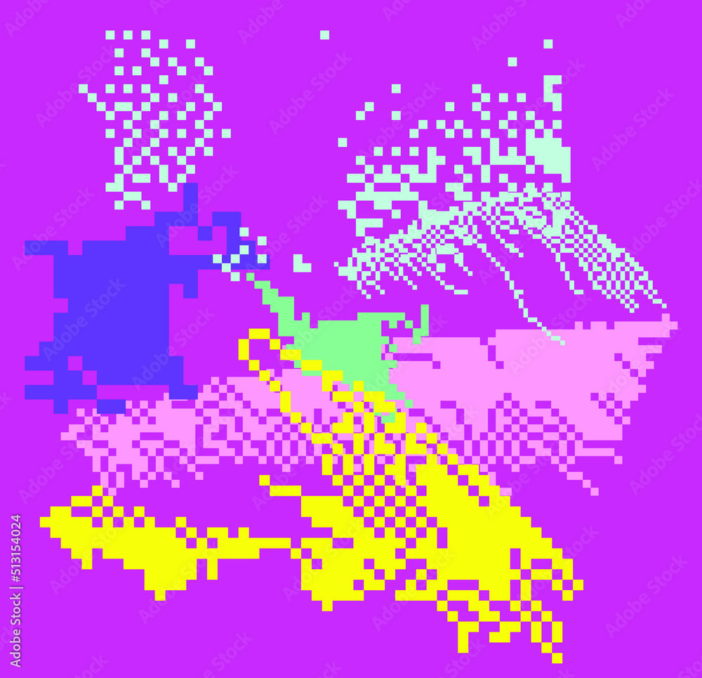Poster trendy vaporwave background with pixel art chaotic composition. concept of a glitchy computer screen