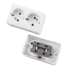 Electric built-in(flat) white socket for 2 connectors isolated on a white background. Photo of the outlet front and back.