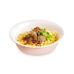 Hot traditional indonesian meatballs bakso with chilli sauce, noodles, vegetables and gravy broth