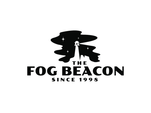 lighthouse logo. Lighthouse Searchlight Beacon Tower with fog Island Beach logo
