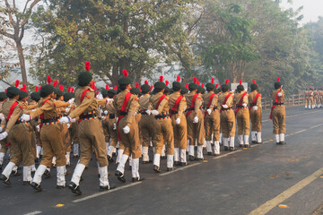 RED ROAD, KOLKATA, WEST BENGAL / INDIA - 21ST JANUARY 2018 : India's National Cadet Corps's (NCC) lady cadets are marching past, preparing for India's republic day celebarion on 26.01.2018. - obrazy, fototapety, plakaty