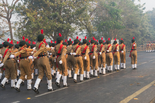 RED ROAD, KOLKATA, WEST BENGAL / INDIA - 21ST JANUARY 2018 : India's National Cadet Corps's (NCC) lady cadets are marching past, preparing for India's republic day celebarion on 26.01.2018.