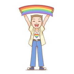 Cartoon character of boy holding LGBT flag.