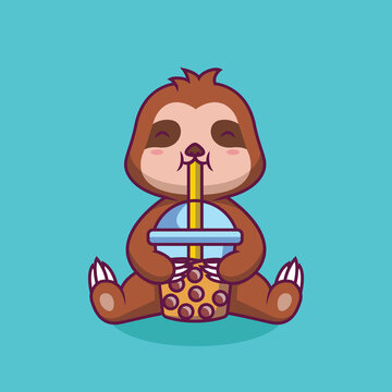 Cute Sloth Drinking Boba Milk Tea Cartoon Illustration