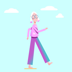 Step forward - cute blonde girl in glasses with pink and purple clothes in the sky in grainy texture