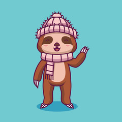 Cute sloth wearing hat and scarf cartoon illustration